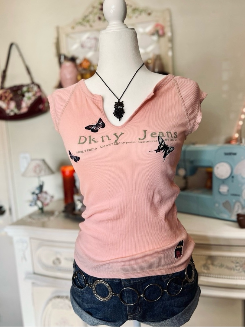 Y2K DKNY Pink Ribbed Tee with Butterfly Detail